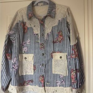 POL Blue and White Striped Floral Jacket NWOT